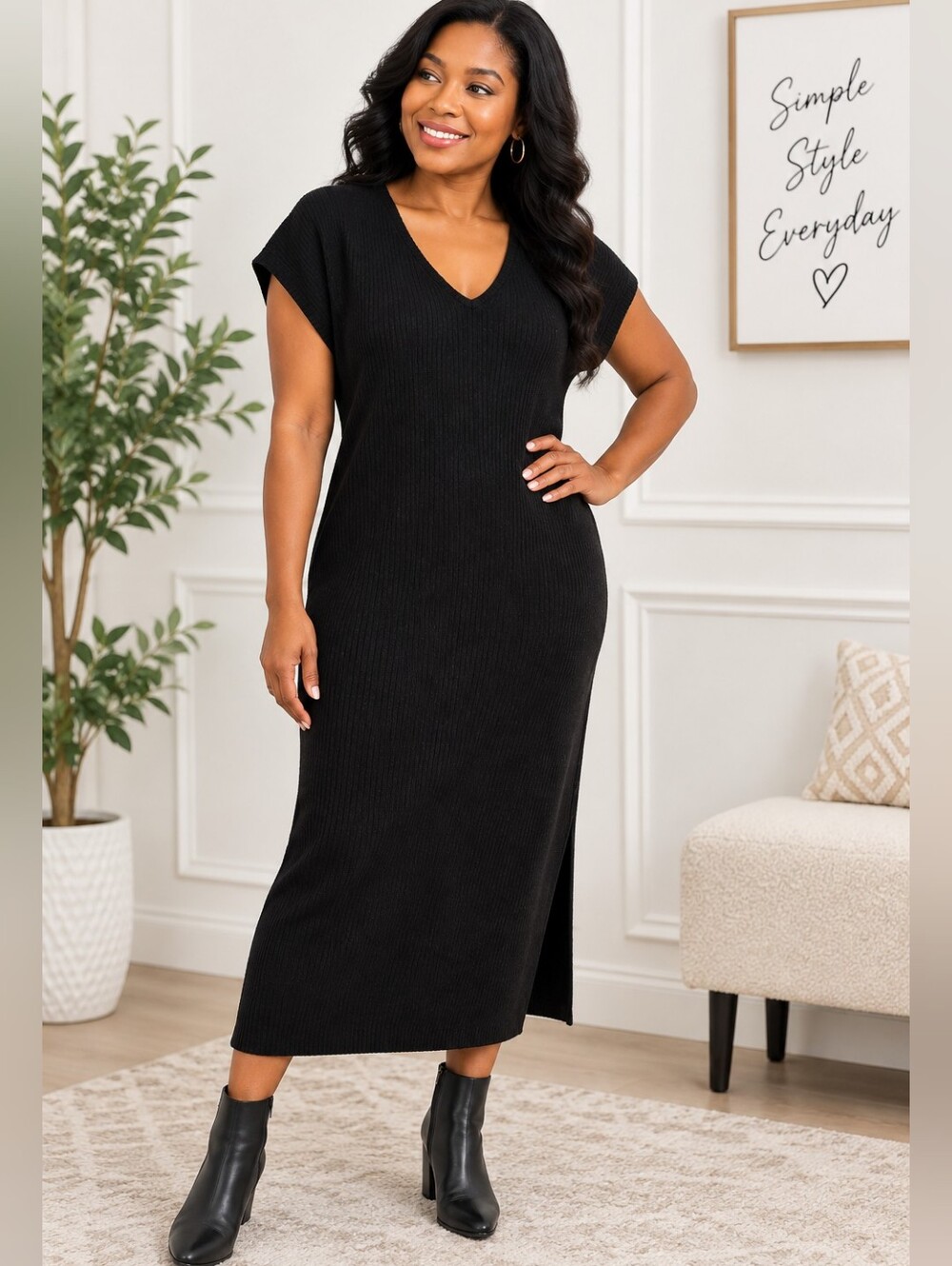 Old Navy Large Black Ribbed V-Neck Midi Sweater Dress